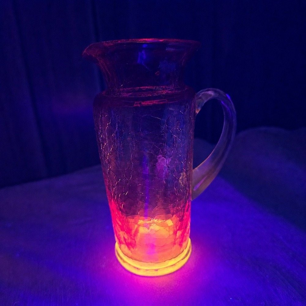 Vintage MCM Amberina Crackle Glass Mini Pitcher Base GLOWS 5.5" Art Glass